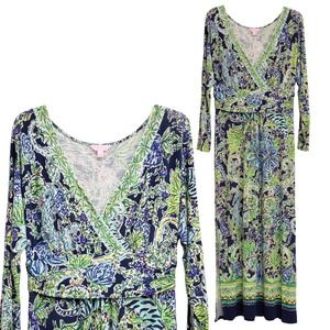 Lilly Pulitzer Sz L Maxi Dress "See You Later Alligator" Print Light Long Sleeve